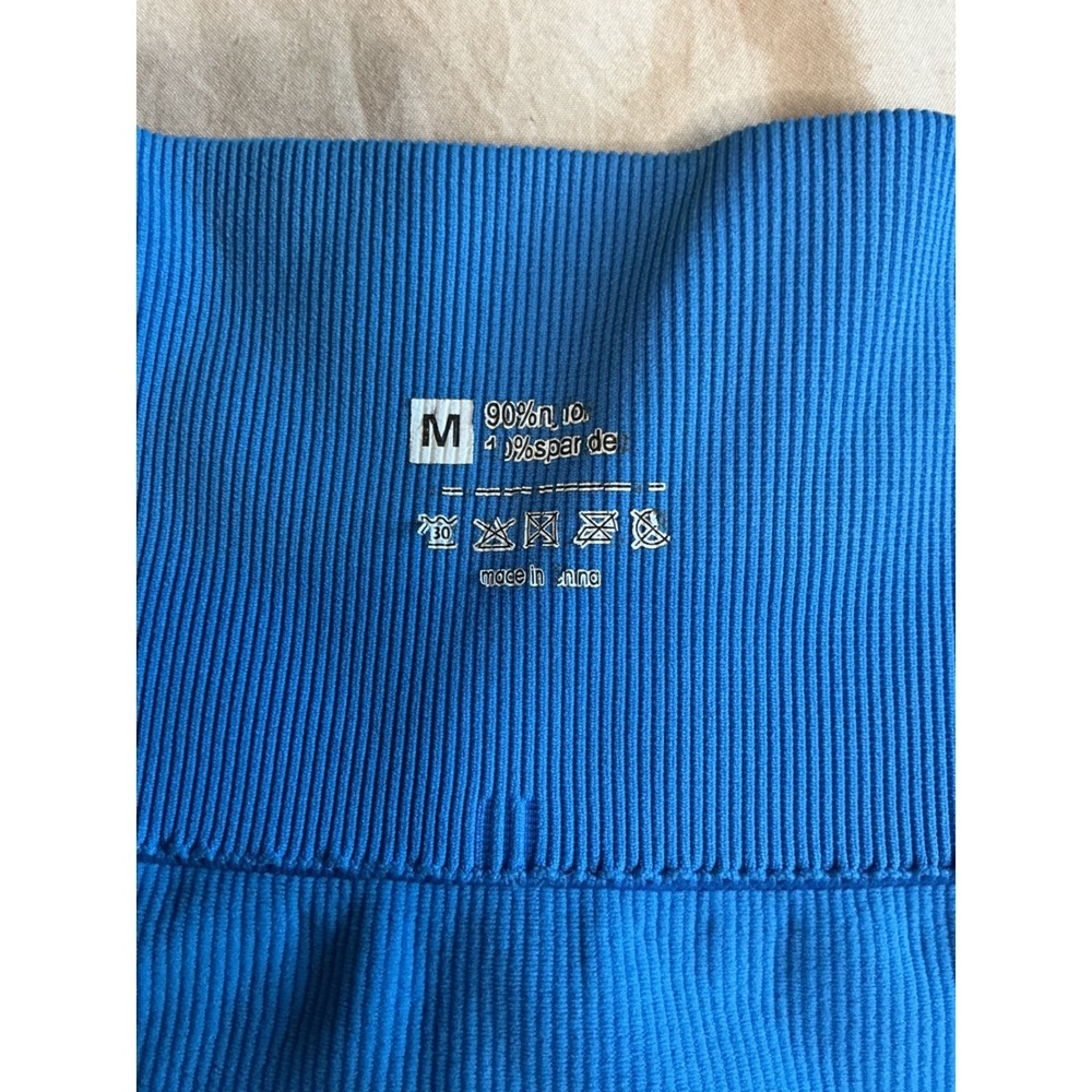 Blue Ribbed Seamless High Waisted Biker Shorts Women Medium Athletic Gym Yoga - Picture 3 of 3